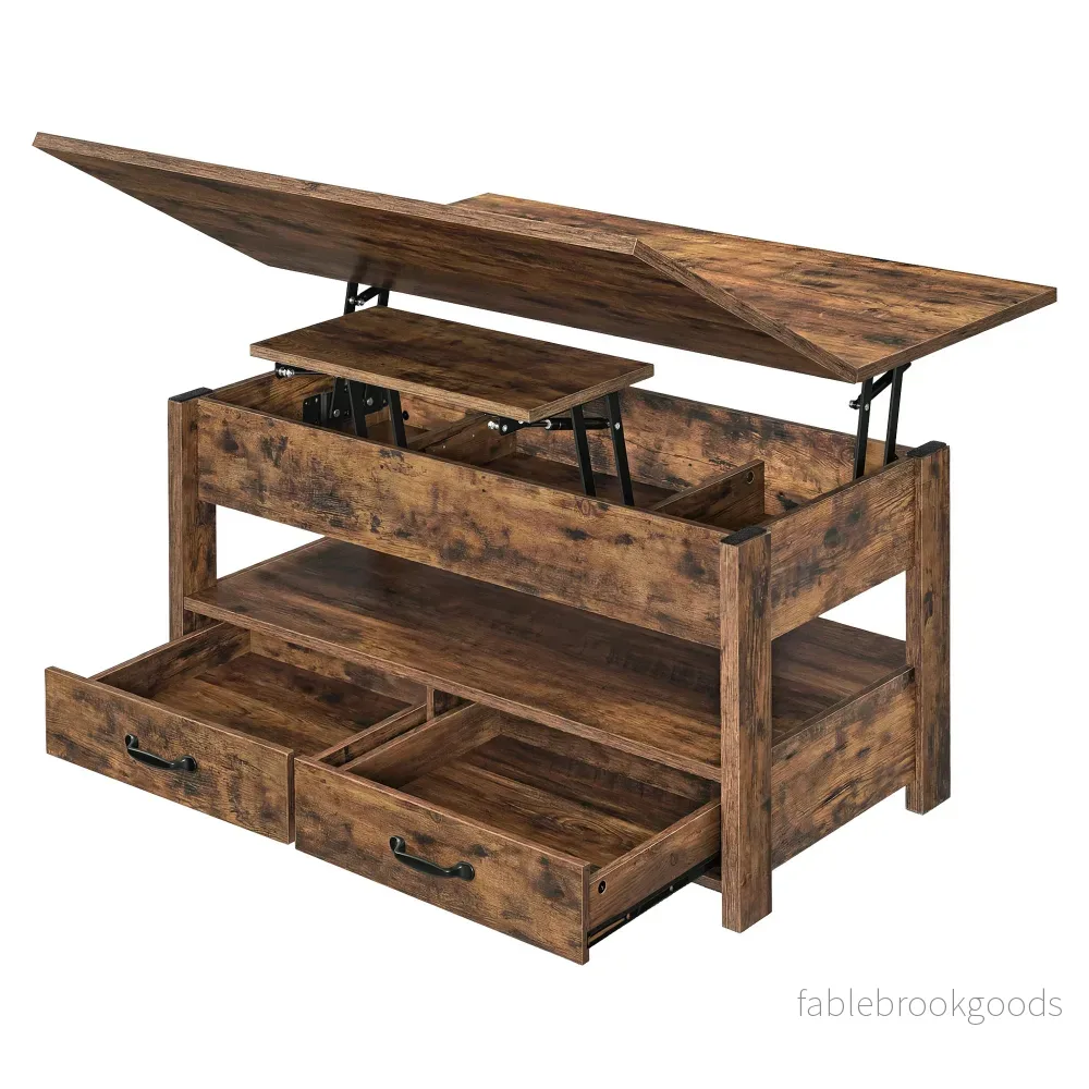 Salontafel – In Hoogte Verstelbaar – Gasveer – 2 Lades – Vintage Bruin Salontafel – In Hoogte Verstelbaar – Gasveer – 2 Lades – Vintage Bruin