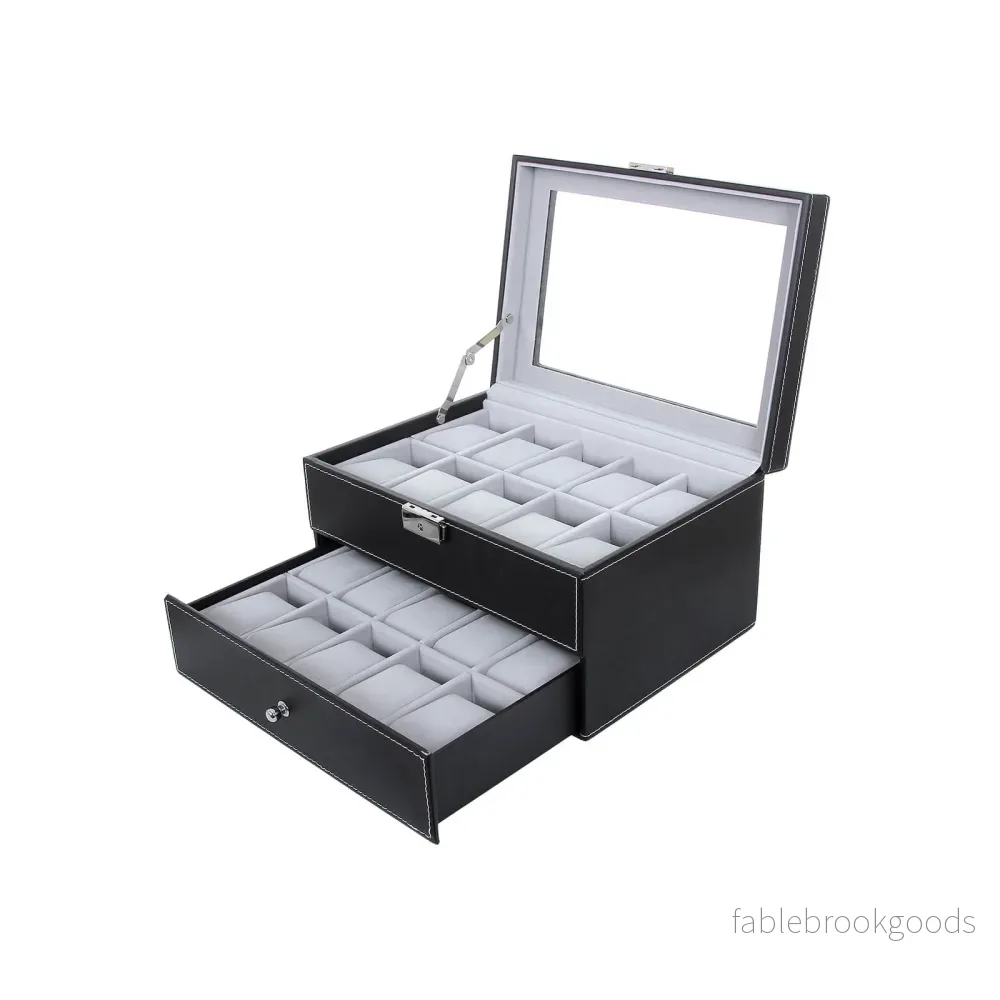 Watchbox – 20 klockor – glaslock – svart