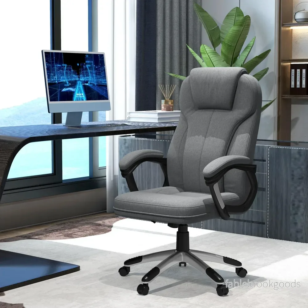Ergonomisk kontorsstol – justerbar höjd, grått linne, nackstöd - Bild 2