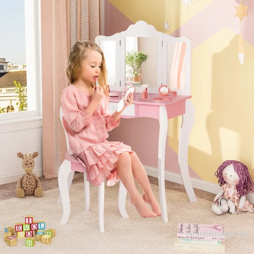i – sminkbord för barn med pall och vägs avtagbar spegel – 2 1 3 – Rosa - Bild 2