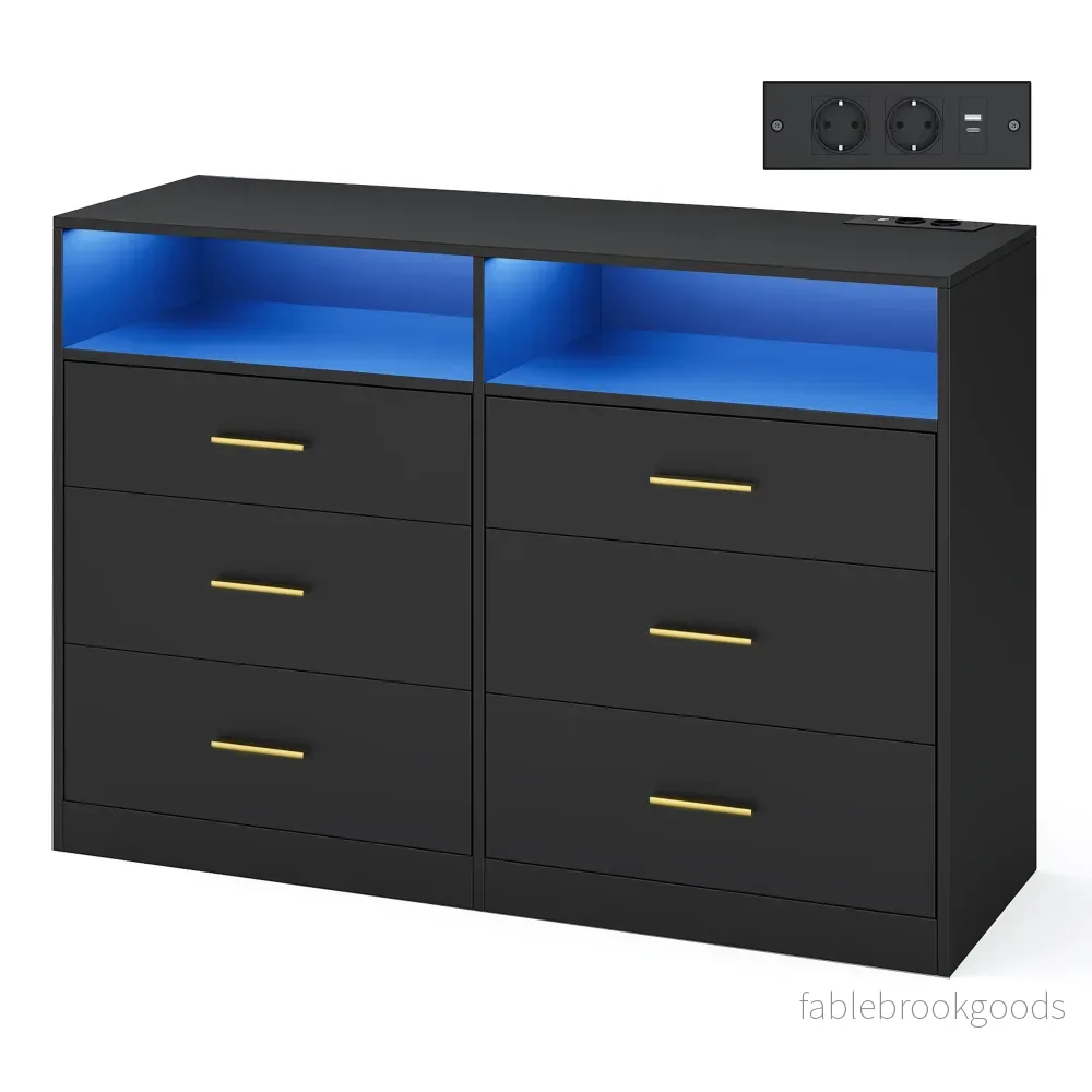 Commode – 6 Lades – Ledverlichting – Met Oplaadstation – Zwart Commode – 6 Lades – Ledverlichting – Met Oplaadstation – Zwart