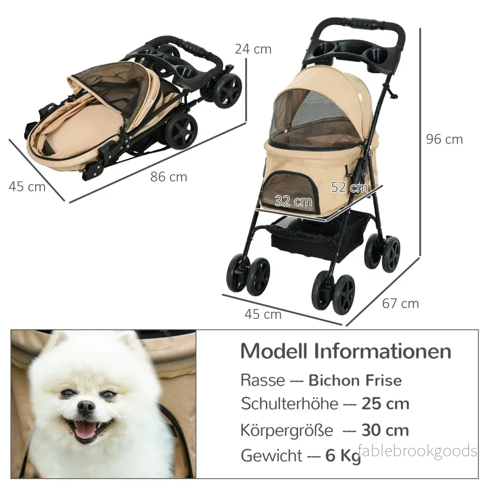 Hopfällbar husdjursvagn för små hundar & katter, Khaki 67x45x96 cm - Bild 3