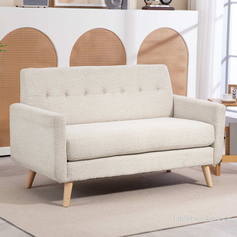 2-sits sammetssoffa, beige – bekväma kuddar och träben - Bild 2