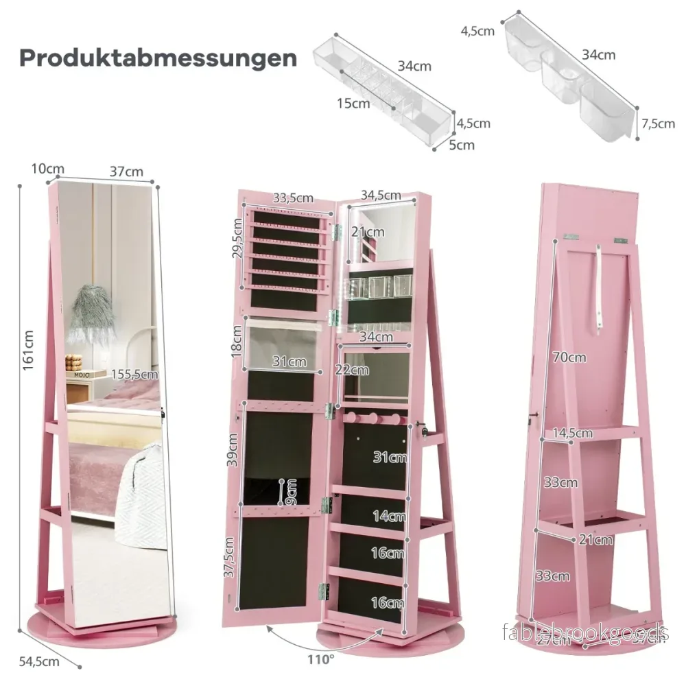 360° – vridbar smyckeskåp med trefärgade LED lampor Fristående spegelskåp – Rosa - Bild 2