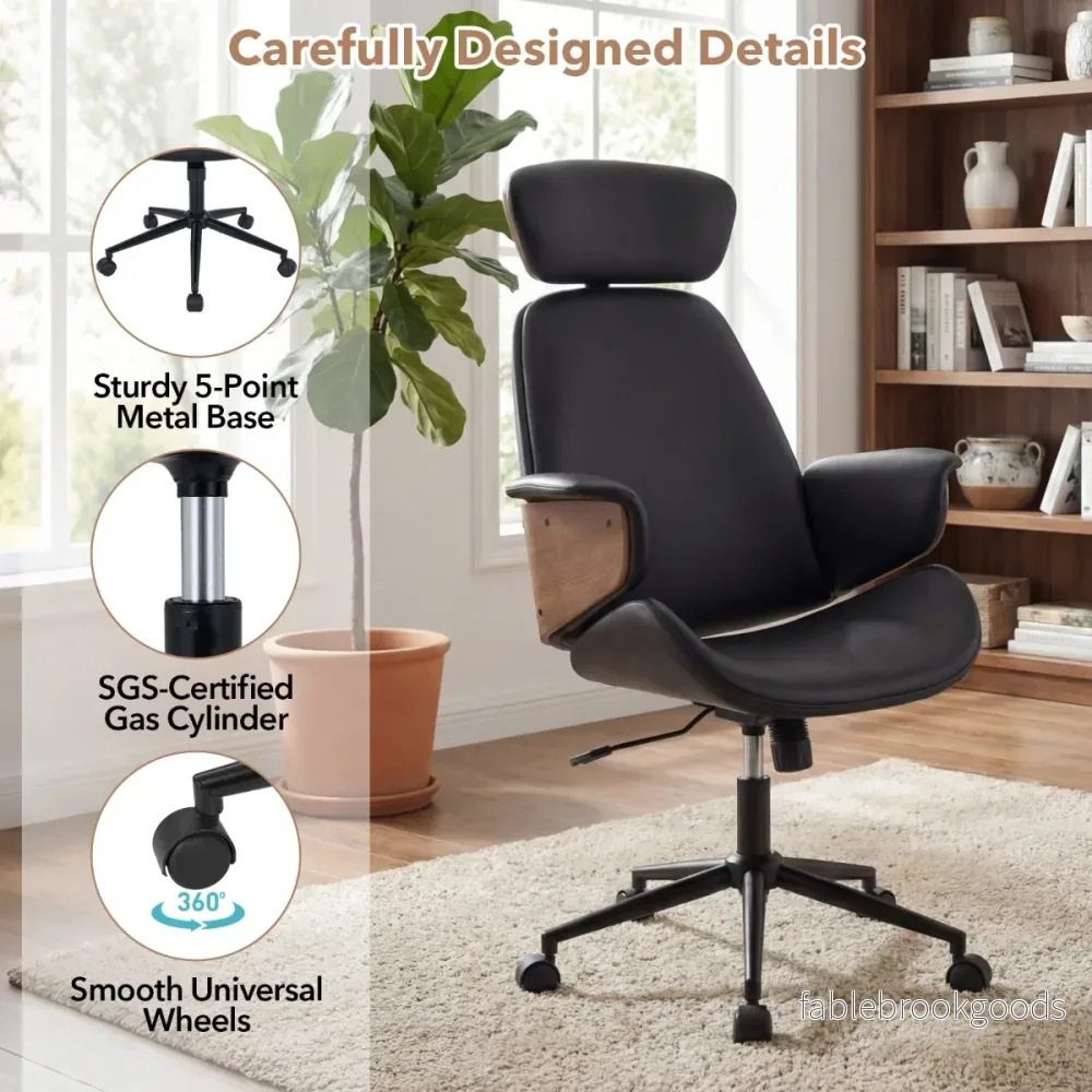 Ergonomisk – kontorsstol med böjda armstöd, ryggstöd och huvudstöd skrivbordsstol, roterande – Svart - Bild 3