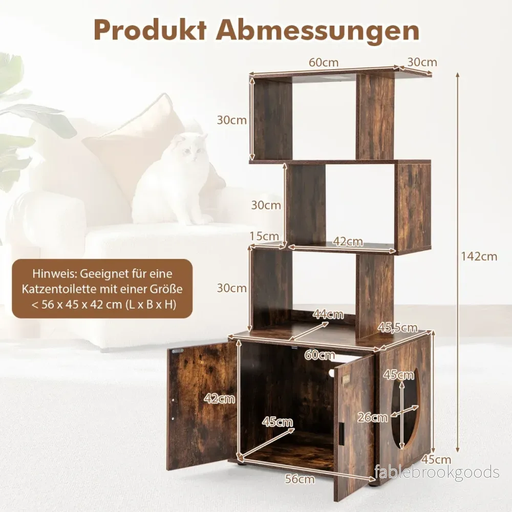 Kattenskåp – med bokhylla kattlåda för katttoalett – 60 x 45,5 x 142 cm – Rustik brun - Bild 2