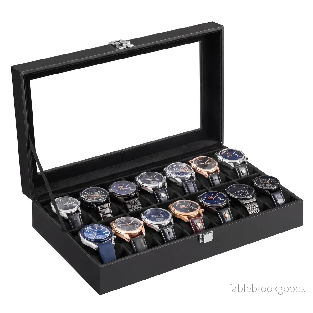 Horlogebox – Met Glazen Deksel en 14 Vakken – PU-leer – Zwart – 34,8 x 20 x 7,5 cm Horlogebox – Met Glazen Deksel en 14 Vakken – PU-leer – Zwart – 34,8 x 20 x 7,5 cm