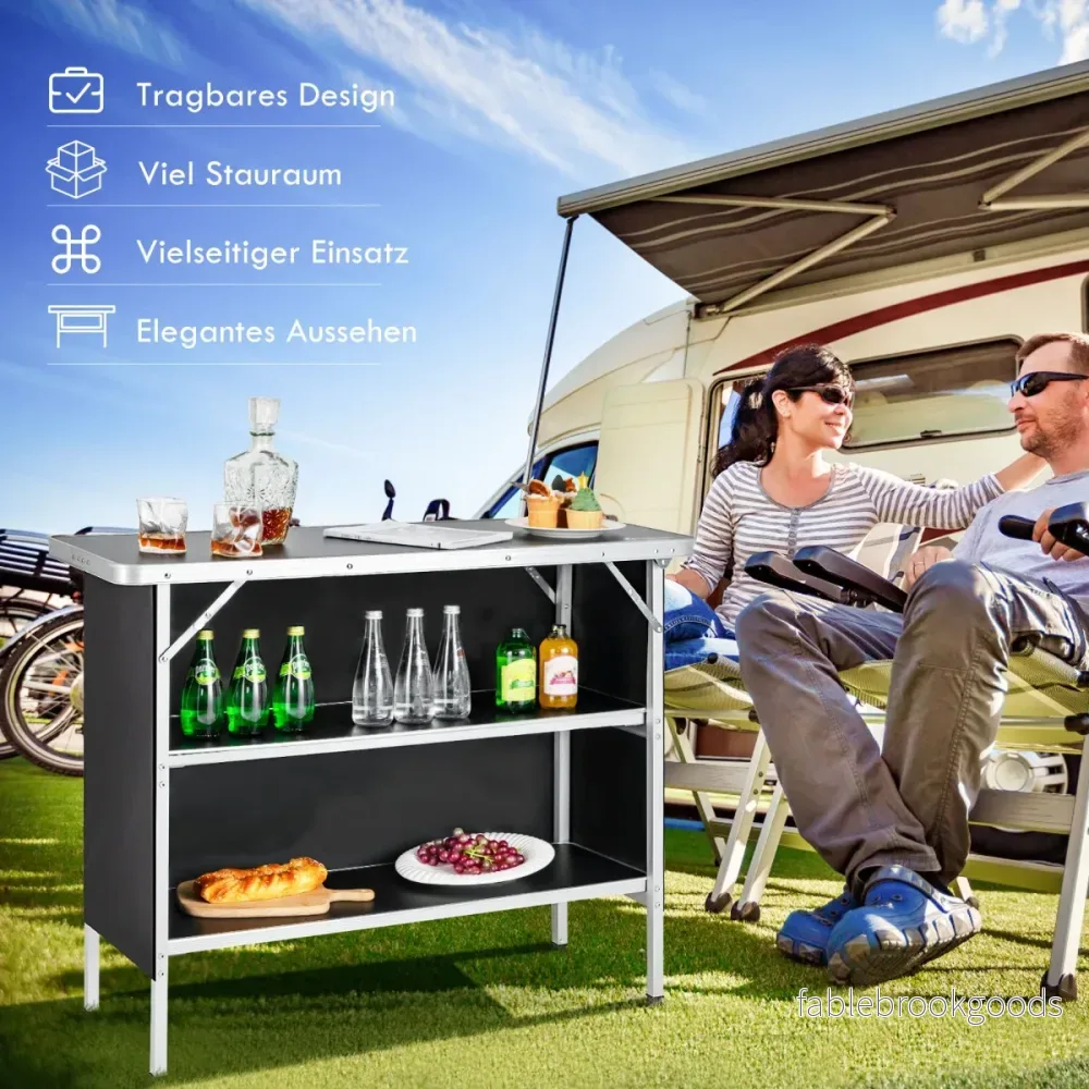 Fällbart – campingbord i aluminium med vånings hyllor Campingskåp – 2 – Svart - Bild 2
