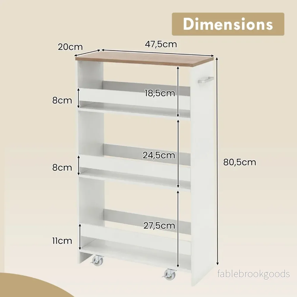 Nischvagn – bred hyllplan, smal köksvagn nischhylla på hjul + – 20 cm 4 47,5 x 20 x 80,5 cm – Natur + vit - Bild 2