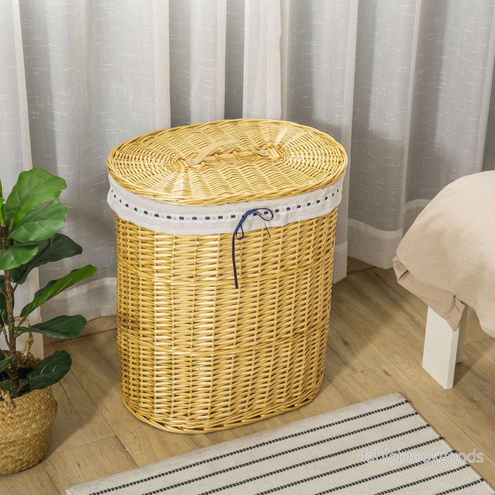 Flätad tvättkorg med lock, 100L kapacitet, naturlig - Bild 2