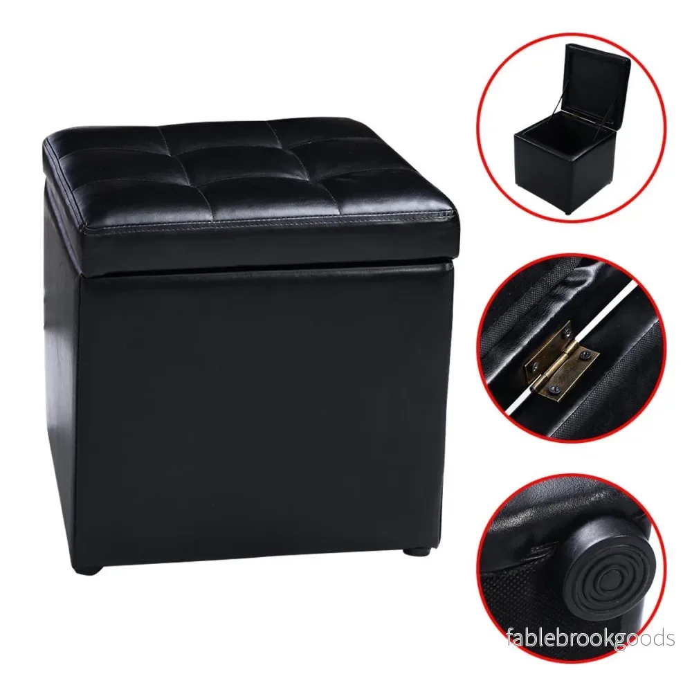Seat – Cube sittbox sits pall förvaringsbox stoppad läder bröst – Svart - Bild 2