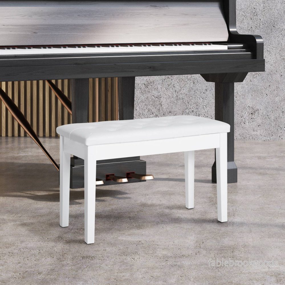 Pianopall i vit konstläder med förvaring, gummiträ - Bild 2