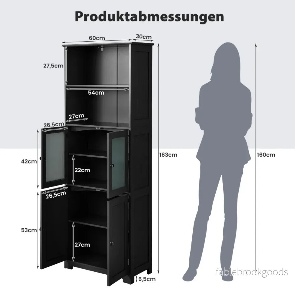 Badrumsskåp – med glasdörrar, öppna fack och justerbara hyllor – 2 – Svart - Bild 2