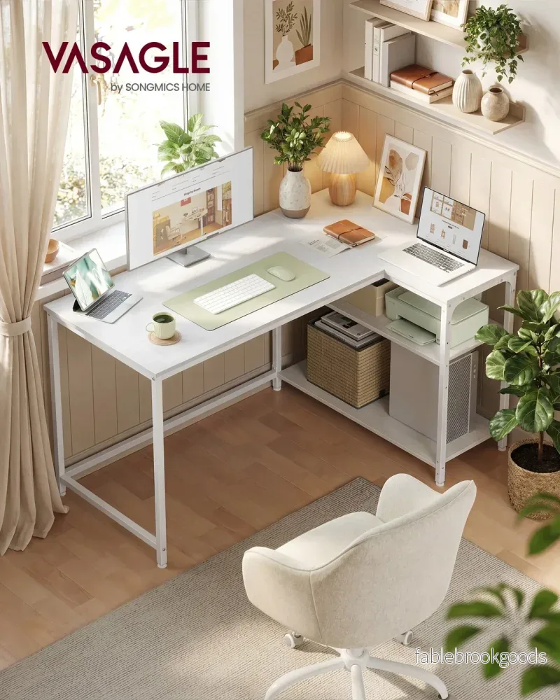 Hoekbureau - 120 x 80 x 76 cm - in hoogte verstelbare plank - esdoornwit - maximaal 50 kg tafelblad draagkracht - maximaal 15 kg per plank - Bild 2