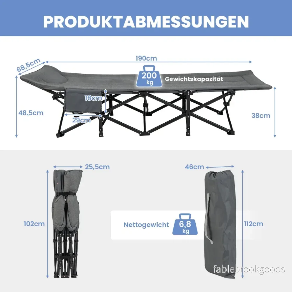 Hopfällbar – campingsäng med sidoficka, tältsäng upp till lastkapacitet, gästsäng – 200 kg – Grå - Bild 2