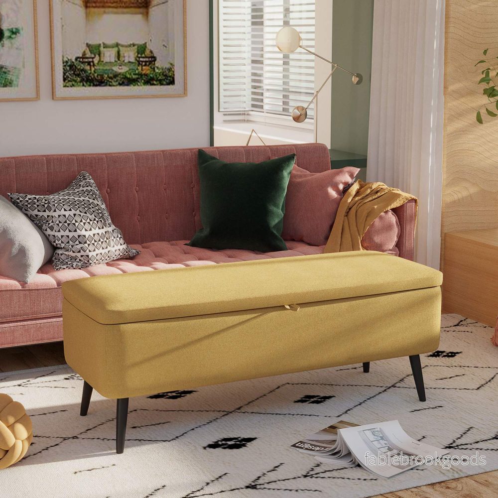 Bänk, bröstsits, stoppad bänk, linnelook, upp till 150 kg, 101 x 38,5 x 44,5 cm, gul - Bild 2