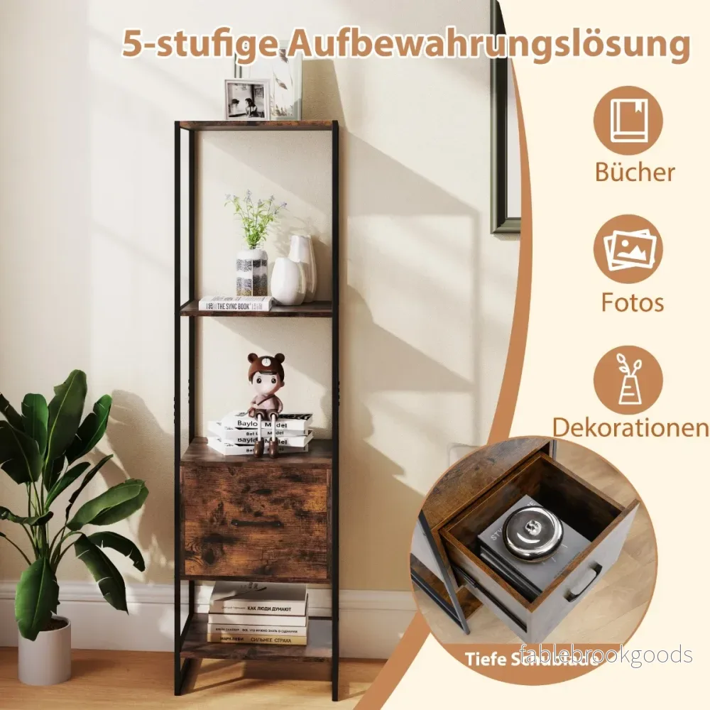 vånings – bokhylla med låda och metallram Modern stående – 5 – Brun - Bild 3