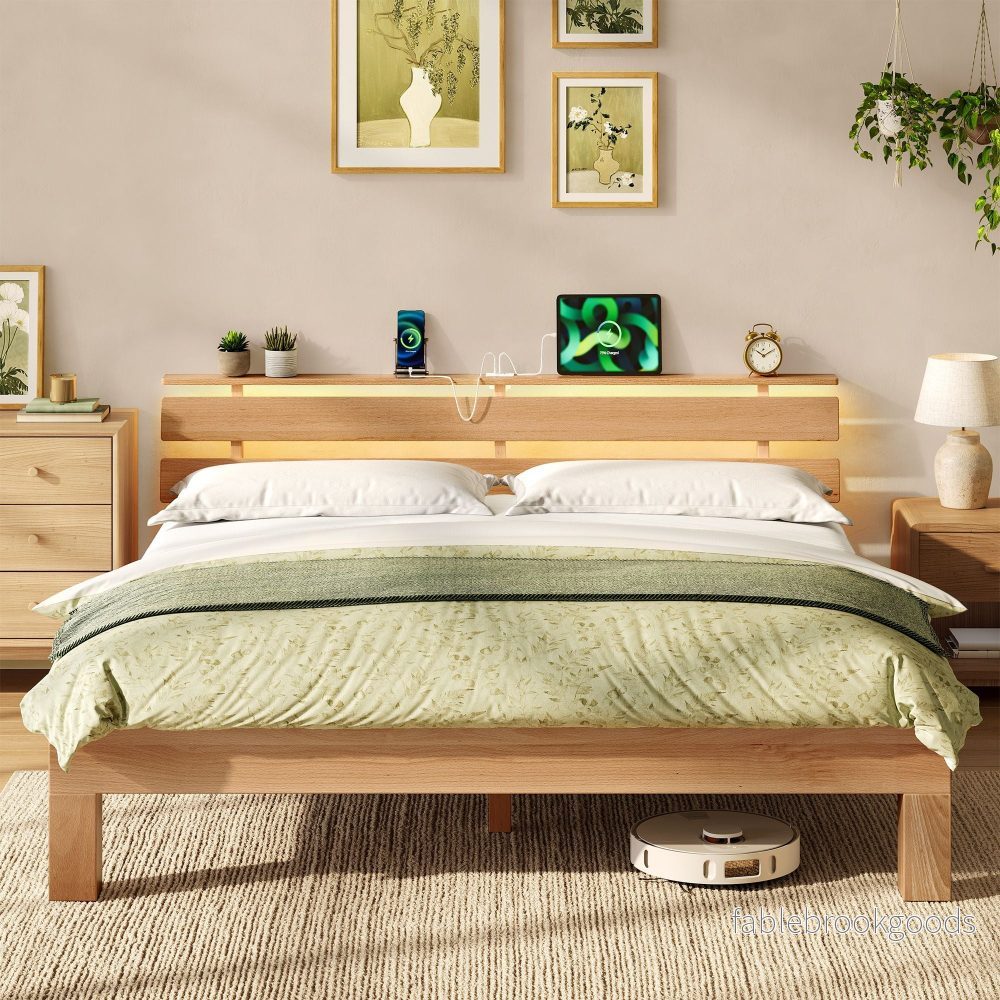 Bedframe – Van Massief Beukenhout – Hoofdbord met LED en USB – Naturel – 221,2 x 164,5 x 78 cm