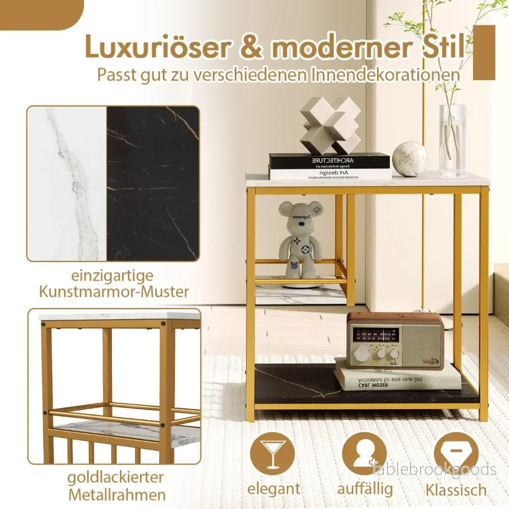 Sidobord – marmorlook vånings sängbord med metallram soffbord modernt vardagsrumsbord vitt – 3 – Vit - Bild 3