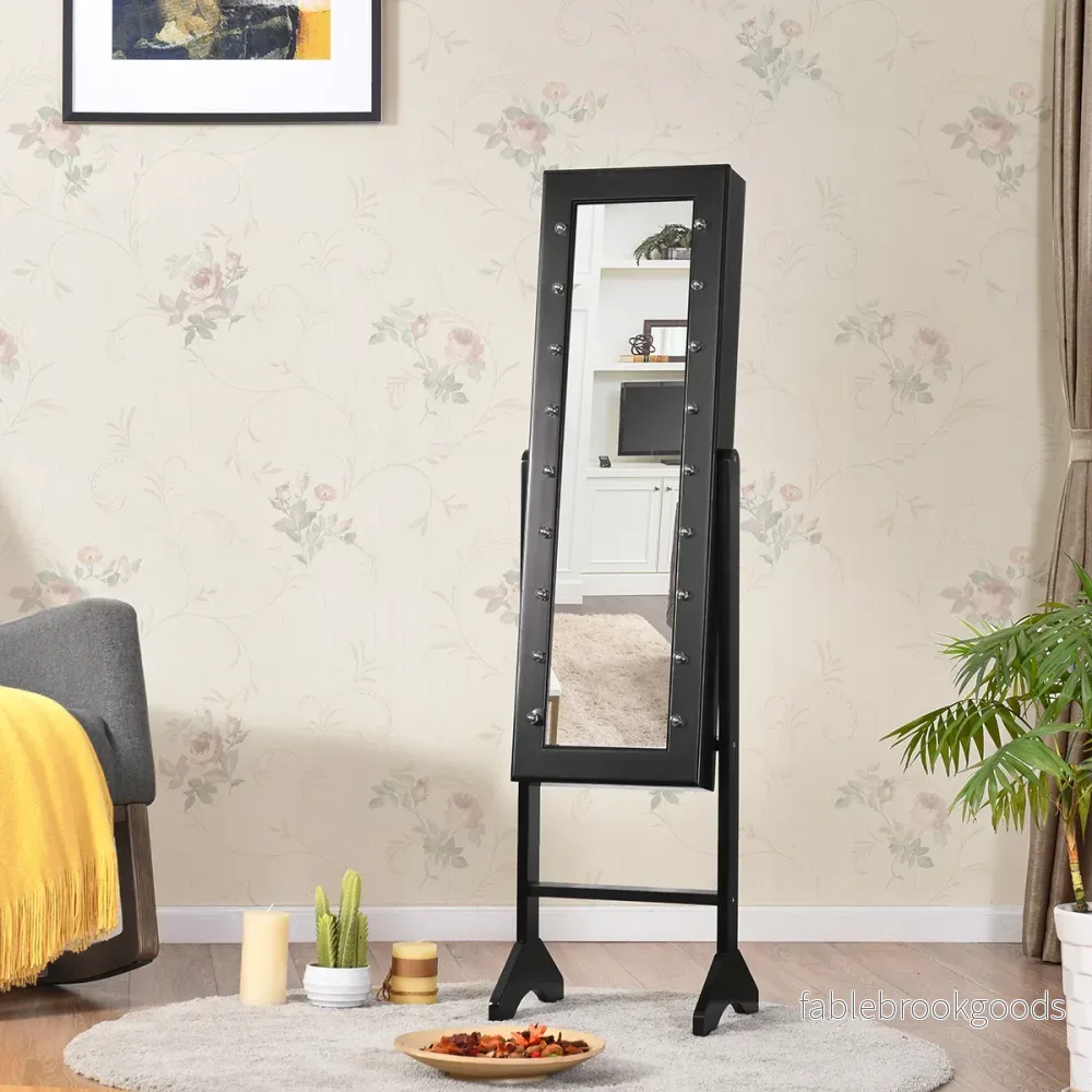 LED smyckesskåp – Lutning Justerbar Stående Design Smyckehylla med fullängdsspegel – 18 35 x 31,5 x 145 cm – Svart - Bild 2