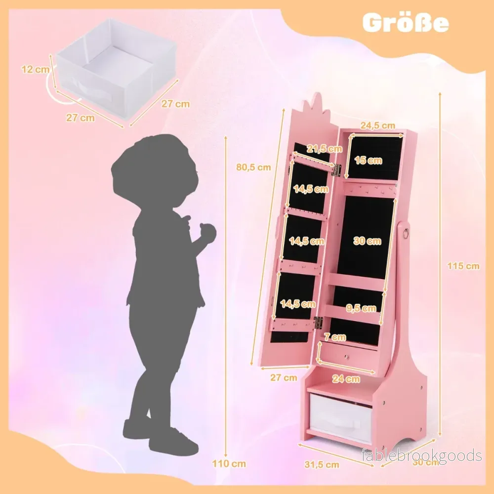 i – smyckesskåp för barn med fullängdsspegel och låda Spegelskåp Sminkspegel – 2 1 – Rosa - Bild 2