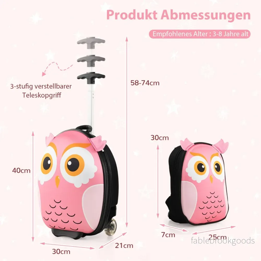 delad – barnresväska och ryggsäck med hjul nivå teleskophandtag 12"+16" barnvagn Uggla – 2 3 – Rosa - Bild 2