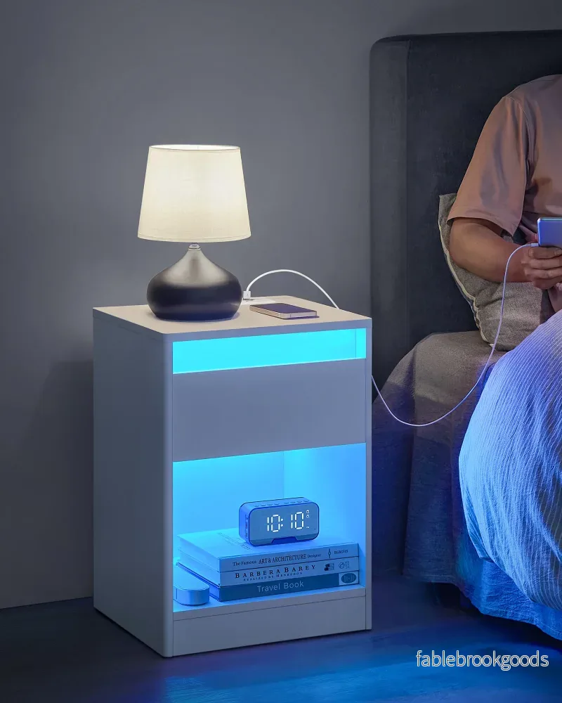 Sängbord med LED-belysning i modern molnvit - Bild 2