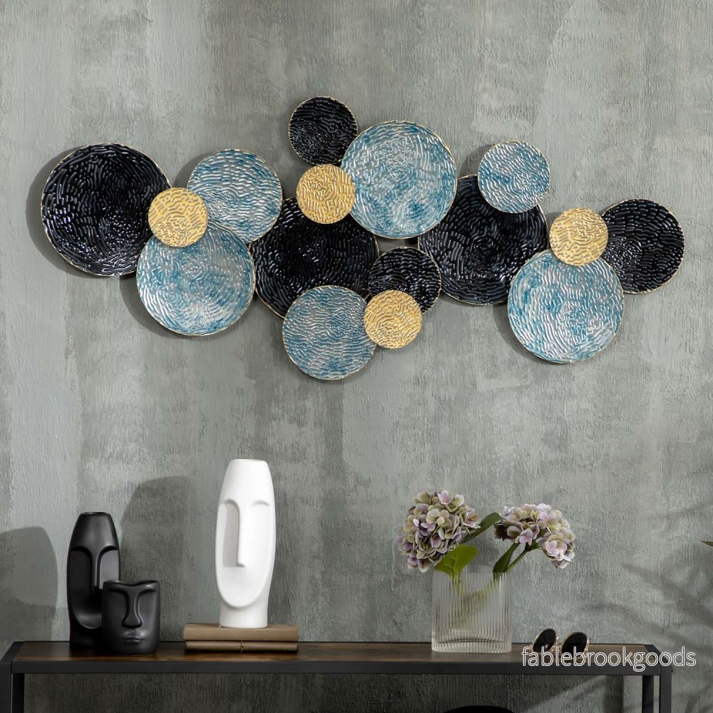 3D metallväggkonst - modern skulptur, guld/svart/blå, 121x53 cm - Bild 2