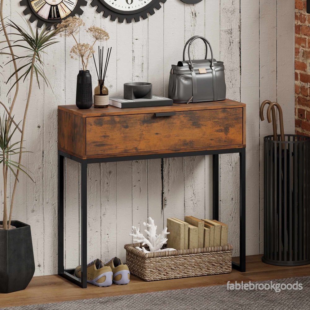 Konsolbord med låda, industriell design, 80x30x76 cm, svart - Bild 2