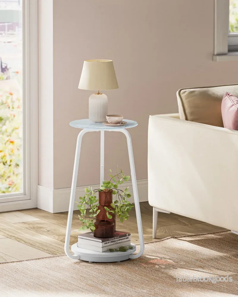 Runt sidobord – 2 nivåer – Glasskiva – Vit marmor - Bild 2