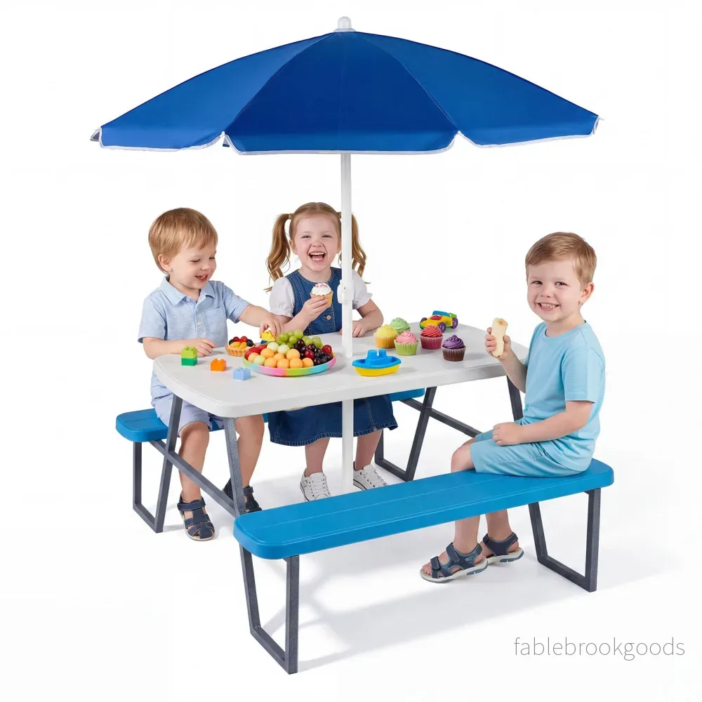 Barnpicknickbord – i HDPE med bänkar, höjdjusterbart och avtagbart parasoll – 2 - Bild 2