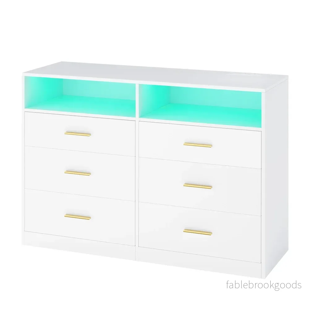 Commode – 6 Lades – Ledverlichting – Met Oplaadstation – Wit Commode – 6 Lades – Ledverlichting – Met Oplaadstation – Wit