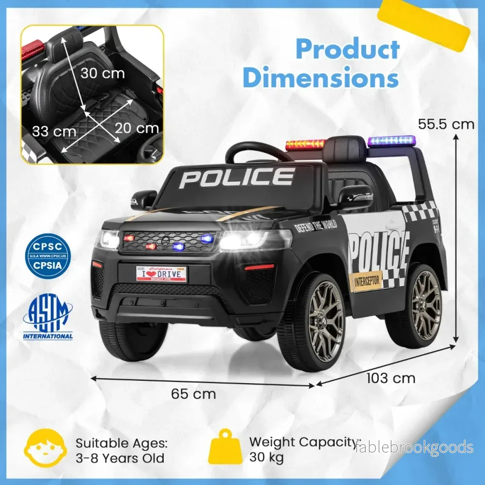 Barnpolisbil – 12V driven med fjärrkontroll, trådlös anslutning, musik, tuta, siren och LED blinkers – Svart - Bild 2