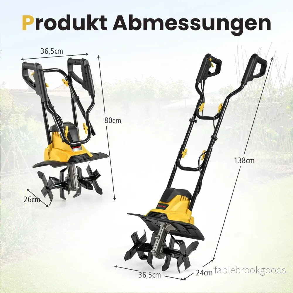 Elektrisk – jordfräs 1200W | Arbetsbredd Arbetsdjup varv/min Elektro med skyddsbrytare och handtag – 36 cm 22 cm 380 36,5 x 24 x 138 cm – Gul - Bild 2