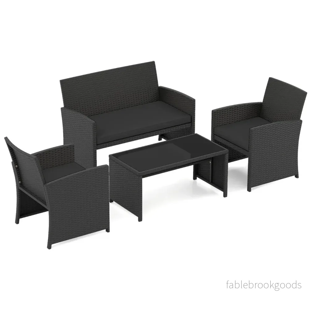 delad – rattan trädgårdsmöbel wicker sits soffa med härdat glas soffbord – 4 2 – Svart
