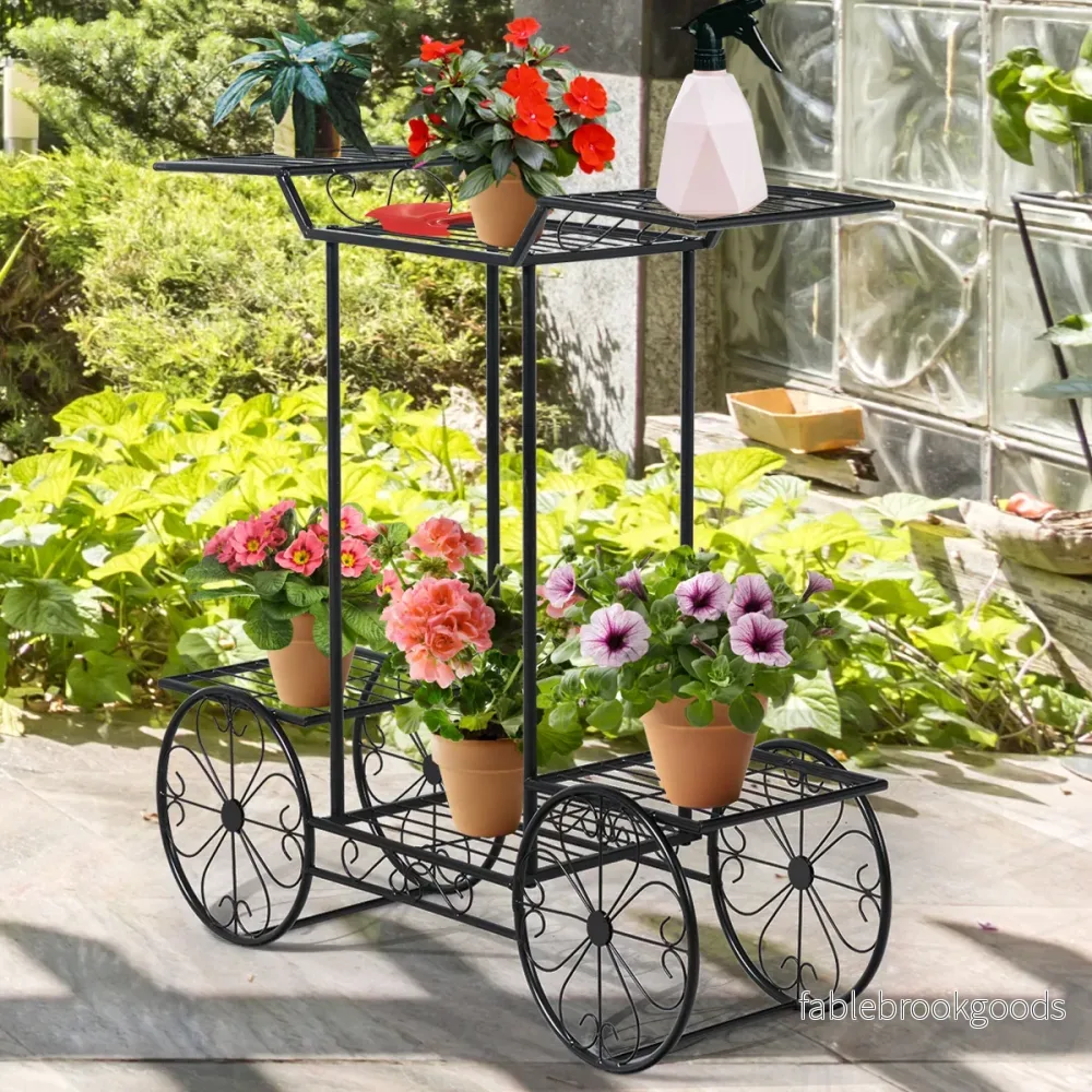 Dekorativt – blomsterställ Växtställ med hyllor Fristående blomstervagn för inom och utomhusbruk Metall – 6 80,5 x 25 x 75 – Svart - Bild 2