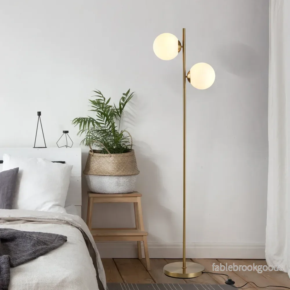 Golvlampa med 2-delad glasskärm – stål & glas, gyllene - Bild 2