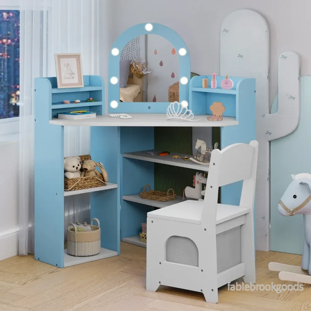 Hörn – sminkbord för barn med spegel och belysning Prinsess stol set – Blå - Bild 3