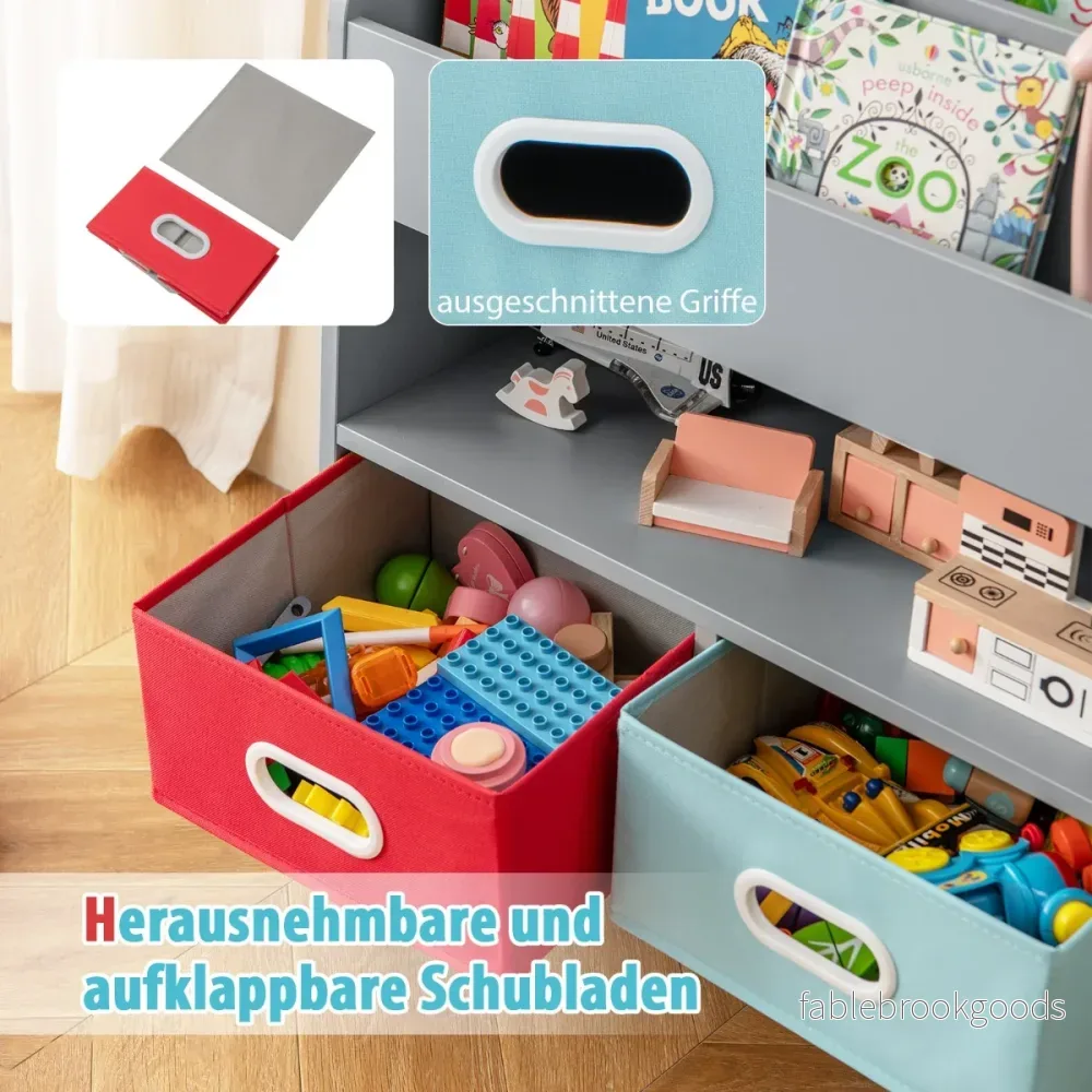 Barnbokhylla – med hyllor och öppet fack tyglådor – 3 2 – Grå - Bild 2