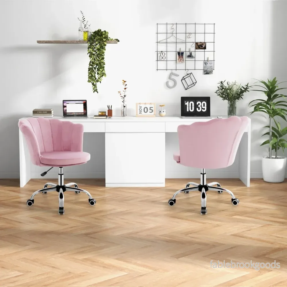 Höjdjusterbar – kontorsstol i sammet med hjul och ergonomisk design datorstol – Rosa - Bild 2