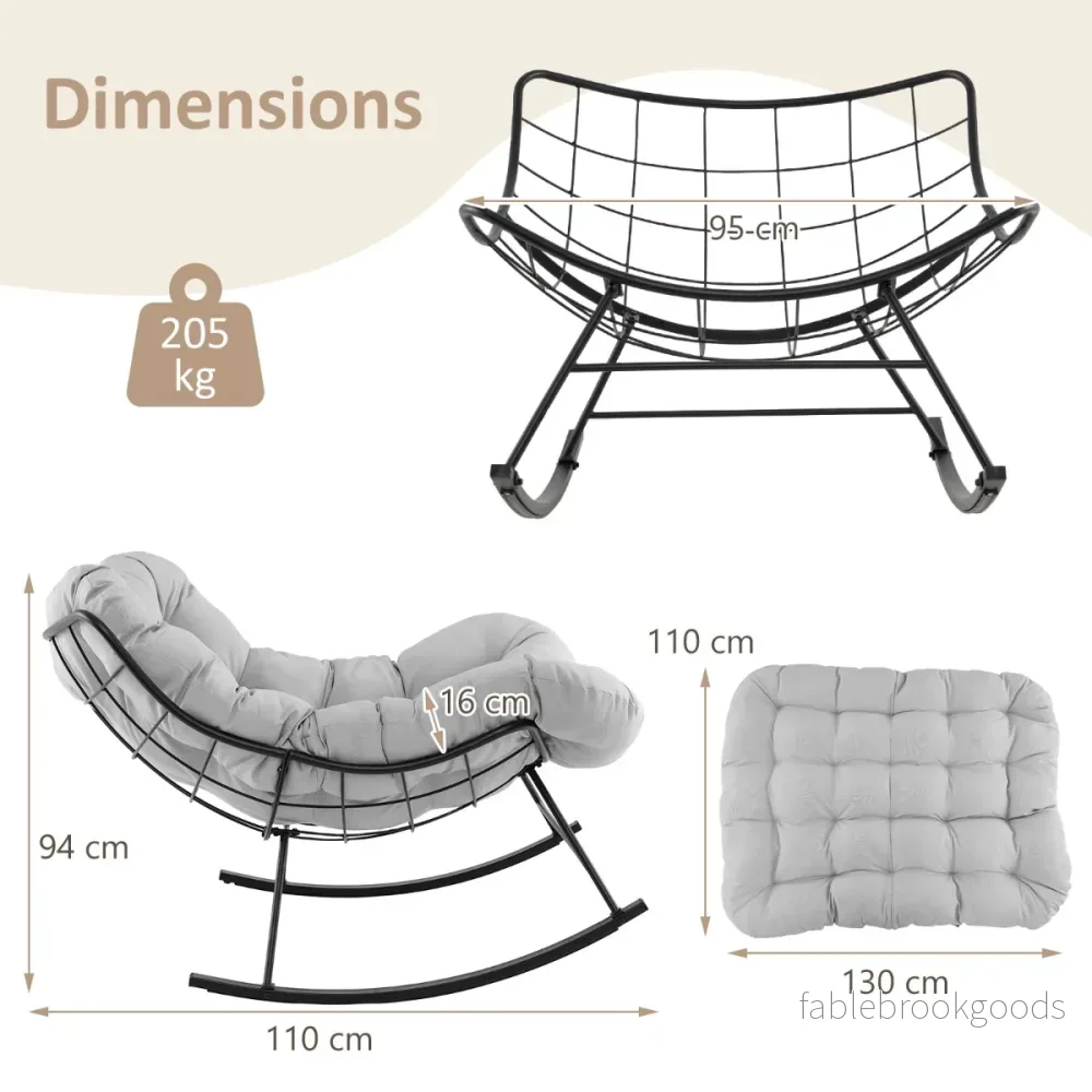 Gungstol – för inomhus och utomhusbruk, extra stor papasan med vadderat kudde, terrassstol bärkraft – 205 kg – Ljusgrå - Bild 2