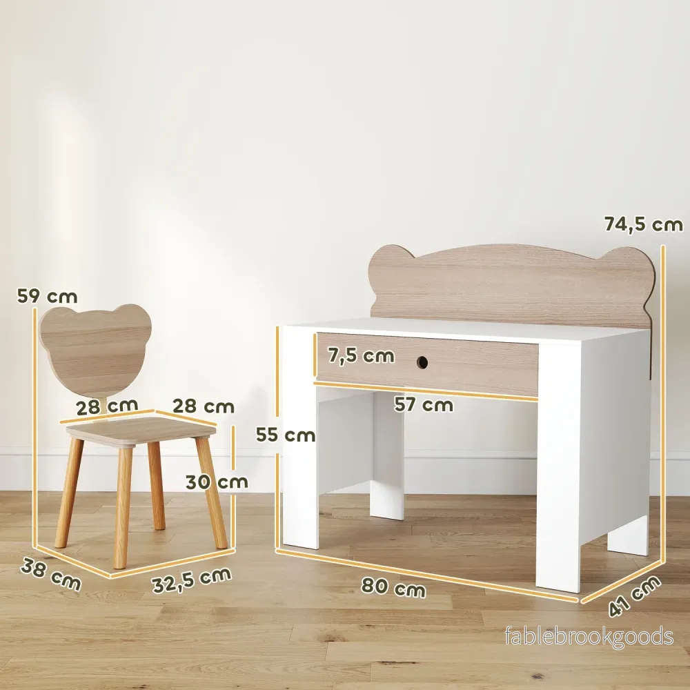 Barnskrivbordsset, björnformat arbetsbord och stol med låda, för skrivning och pyssel, 3-8 år, naturligt trä - Bild 3