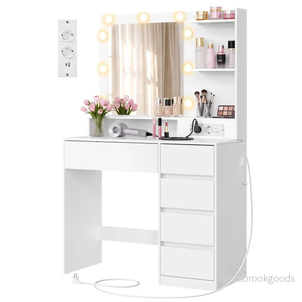 Kaptafel – Met Verlichte Spiegel en Schuifladen – Wolkwit – 40 x 80 x 144,3 cm Kaptafel – Met Verlichte Spiegel en Schuifladen – Wolkwit – 40 x 80 x 144,3 cm