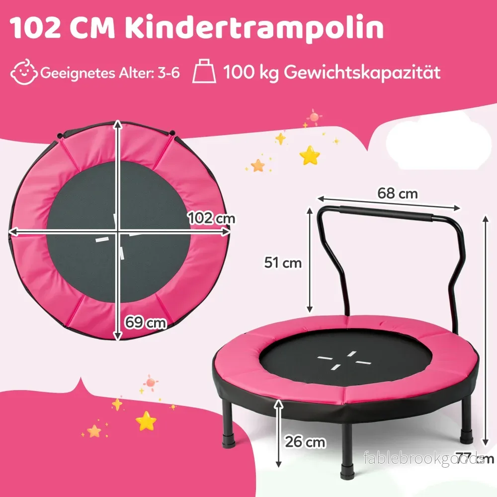 Barntrampolin – Fitness Inomhus med avtagbart handtag Minitrampolin upp till belastning – 100 kg Ø 102 cm – Rosa - Bild 2