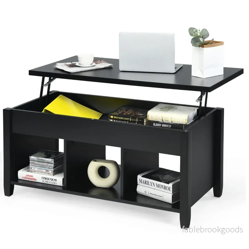 Soffbord – med lyftplatta förvaringsutrymme och öppna hyllor höjdjusterbar – 3 104,5 x 49 x 48-62,5 cm – Svart - Bild 2