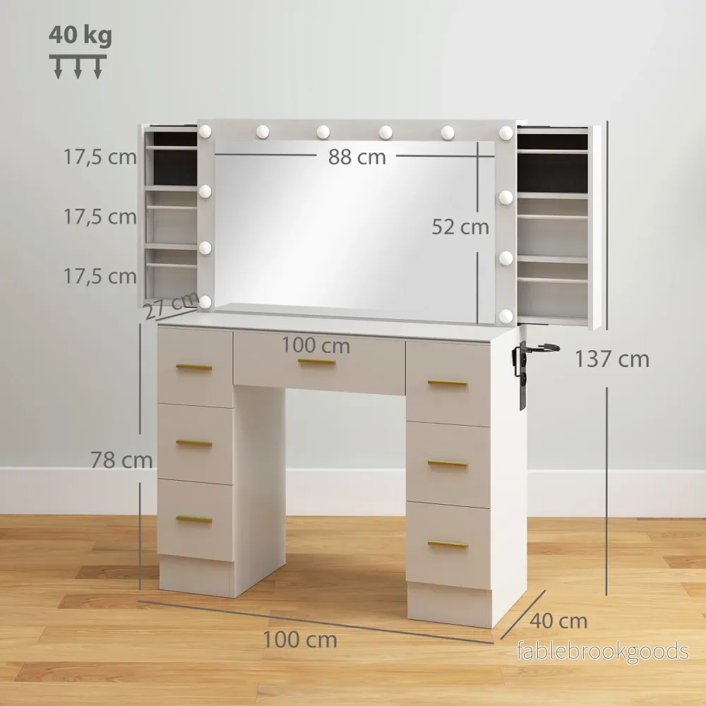 Sminkbord med spegel, 12 LED-lampor, 7 lådor, vit - Bild 3