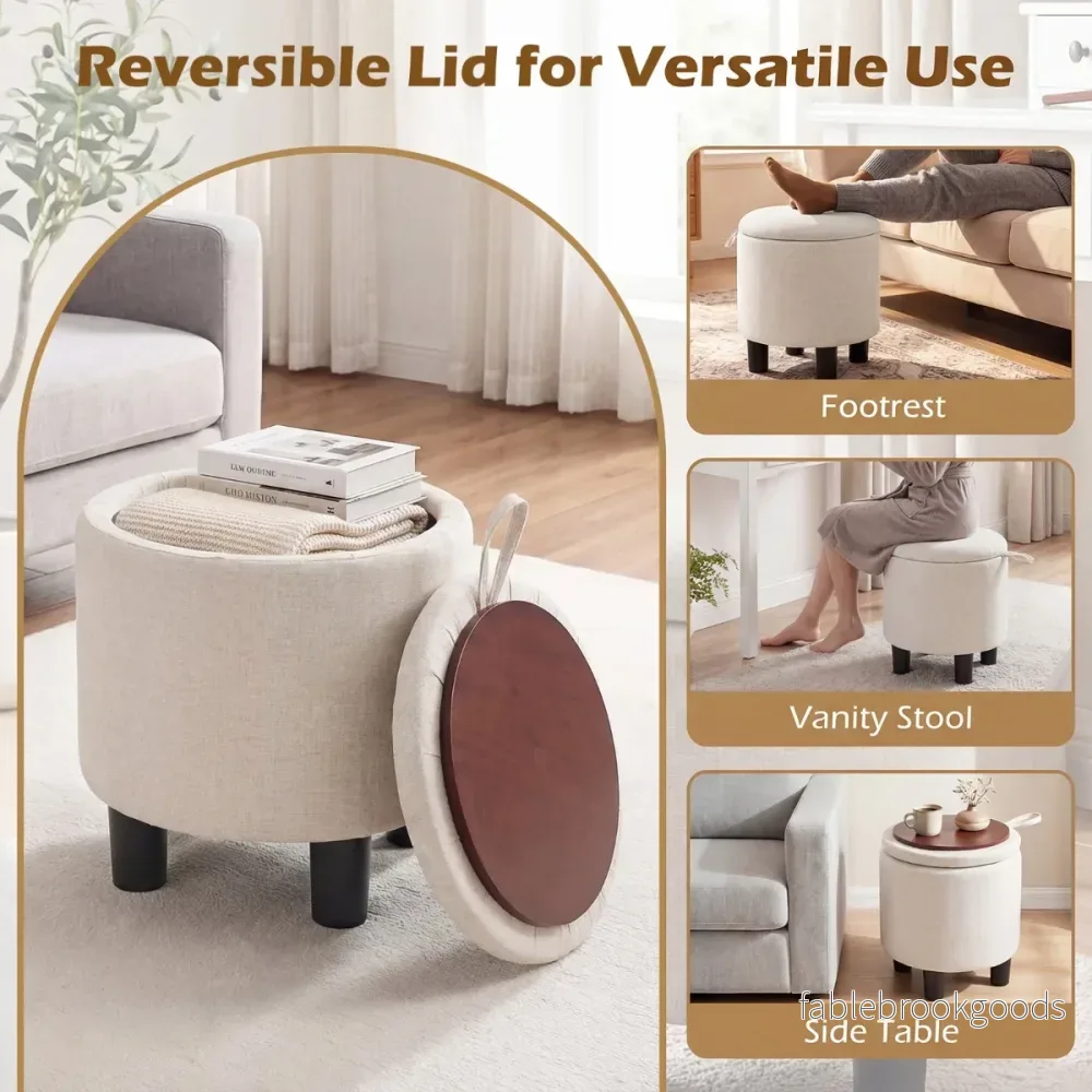 Rund – sittpall i linne cm, vadderad fotpall med förvaring – Ø 38 – Beige - Bild 3
