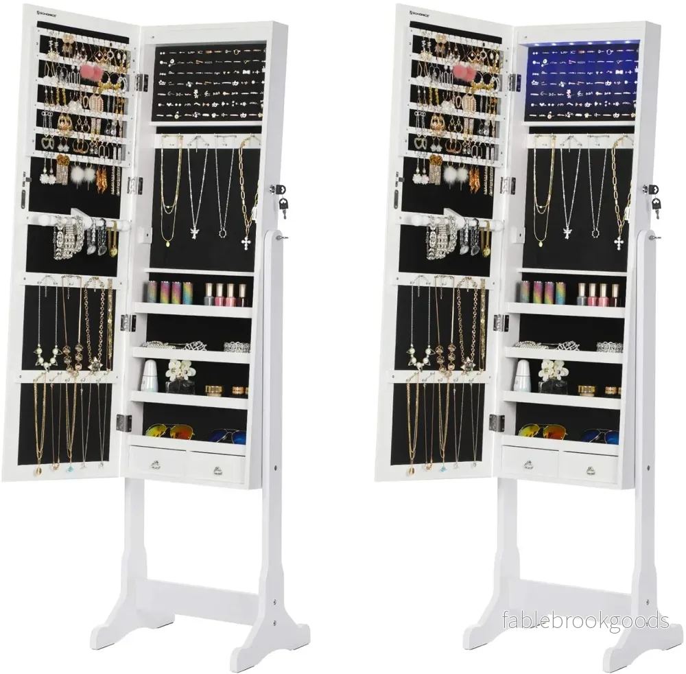 Smyckesskåp med LED-belysning och låsbart lås - vitt - Bild 2