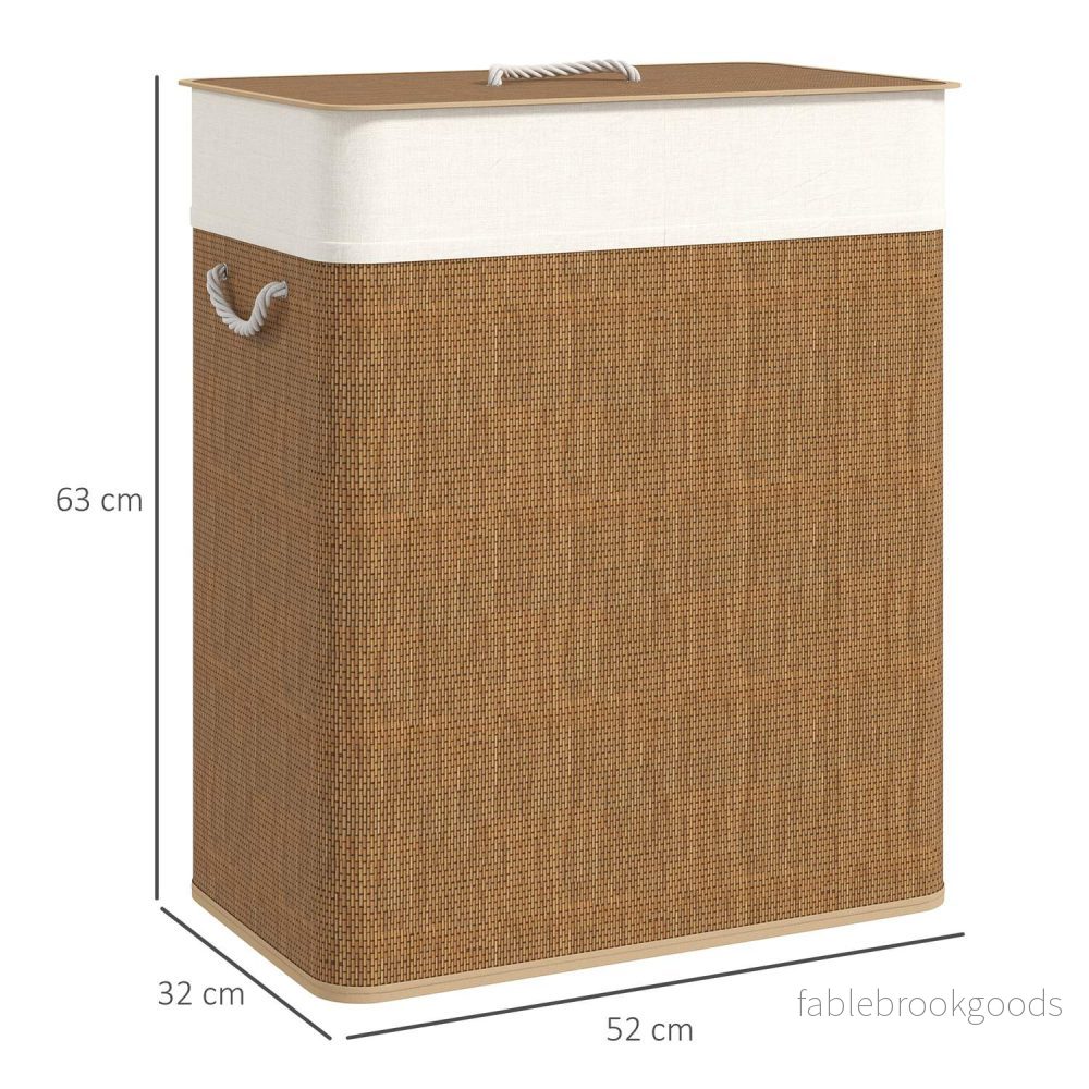 Tvättkorg i bambu med lock, 2 fack, 100 L tvättuppsamlare med rephandtag, avtagbar tvättpåse - Bild 3
