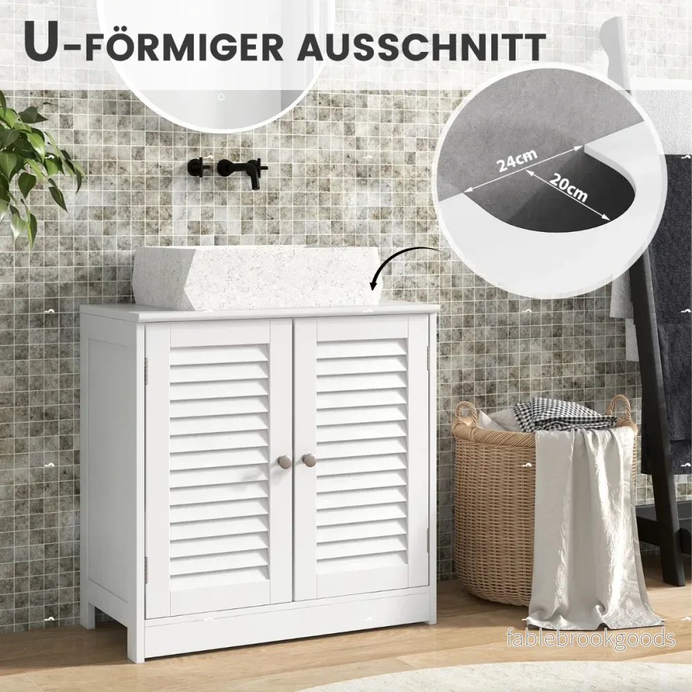 Badrumsskåp – med dörrar och ställbart hylltvättställsskåp i lantlig stil – 2 – Vit - Bild 2